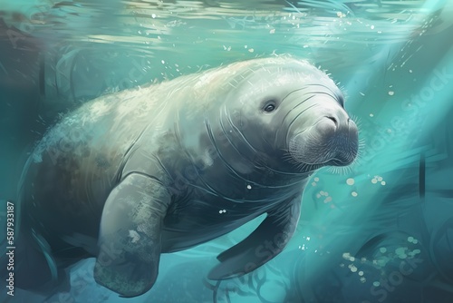 A curious and friendly Manatee swimming in the ocean - This Manatee is swimming in the ocean, showing off its curious and friendly nature. Generative AI