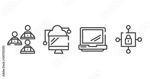 cloud computing outline icons set. thin line icons sheet included computer workers team, data transference by internet, laptop opened tool, locked internet security padlock vector.