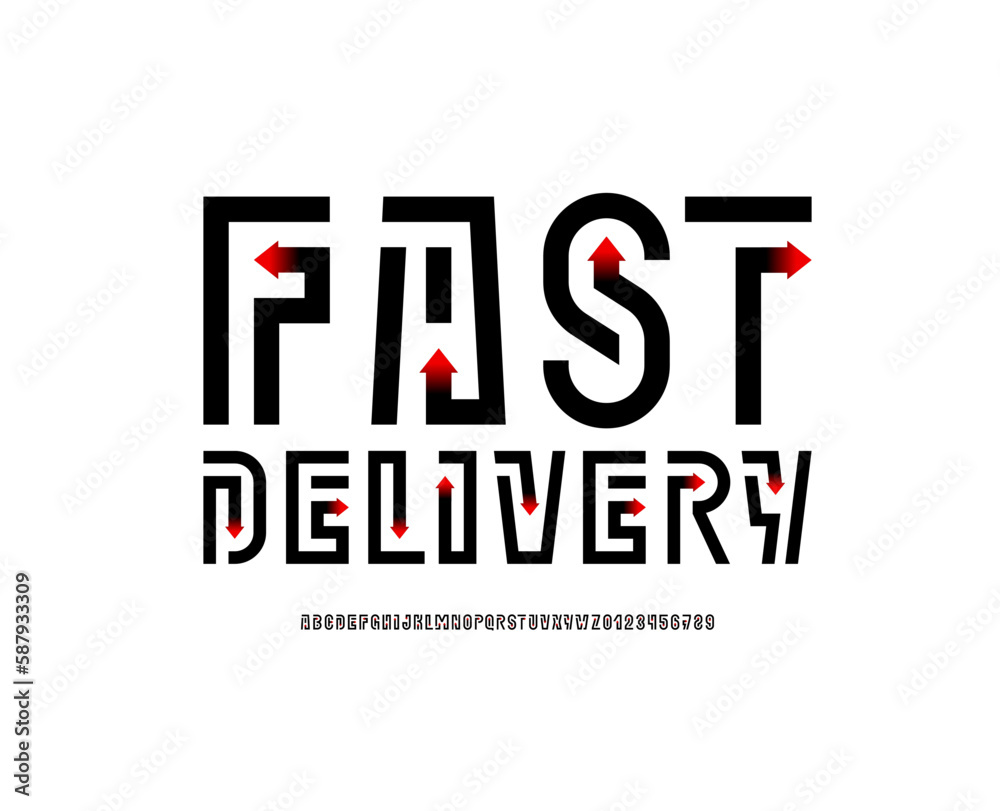 Modern font alphabet with arrows, original style letters and numbers, vector illustration 10EPS