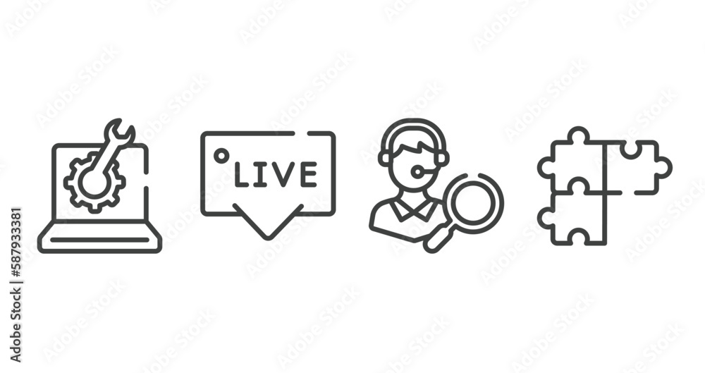 support outline icons set. thin line icons sheet included technical support line, live chat support, looking for a solution, solving problems vector. support outline icons set. thin line icons sheet included technical support line, live chat support, looking for a solution, solving problems vector.