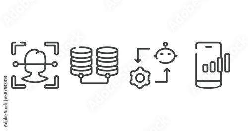network architecture outline icons set. thin line icons sheet included face recognition, database storage, synchronizing, mobile network vector.