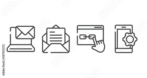 support outline icons set. thin line icons sheet included email on computer, open envelope, links, smarphone tings vector.