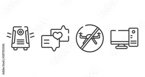 electronic device outline icons set. thin line icons sheet included air purifier, love message, no drone zone, desktop computer vector.