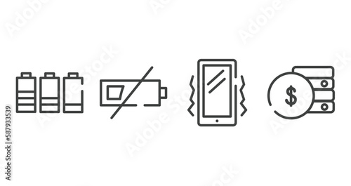 mobile network outline icons set. thin line icons sheet included battery level, low battery, vibration, fiance vector.