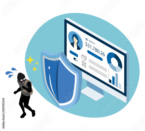 The hacker blocked from online banking, Desktop computer - Internet security concept art