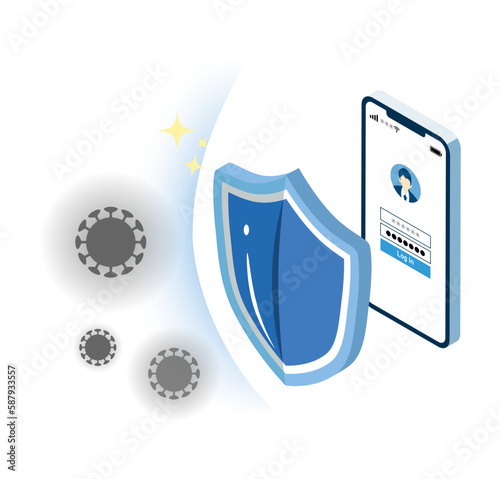 The shield protects the smartphone from viruses - Internet security concept art