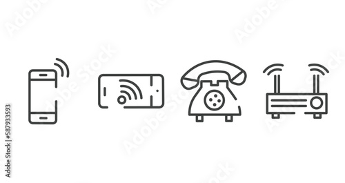 communication outline icons set. thin line icons sheet included mobilephone, cellphone with wifi, vintage telephone call, modem vector.