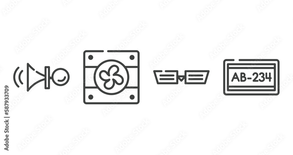 car parts outline icons set. thin line icons sheet included car horn, car fan, grille or radiator grille, numberplate vector. car parts outline icons set. thin line icons sheet included car horn, car fan, grille or radiator grille, numberplate vector.
