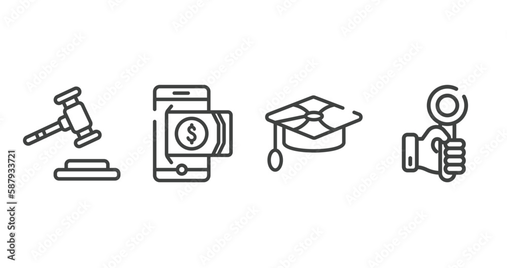 auction outline icons set. thin line icons sheet included gavel, withdraw, mortarboard, hand up vector.