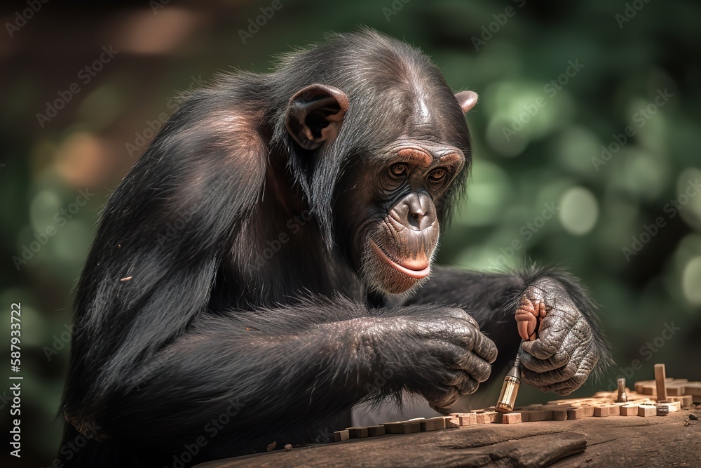 A curious and intelligent Chimpanzee using tools - This Chimpanzee is using  tools, showing off its curious and intelligent nature. Generative AI  Illustration Stock | Adobe Stock