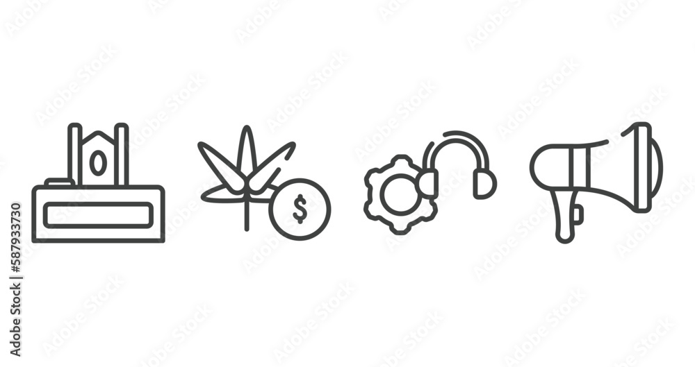 marketing outline icons set. thin line icons sheet included judge chair, marijuana, technical support, bullhorn vector.