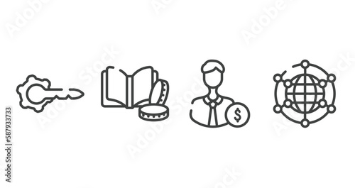 global business outline icons set. thin line icons sheet included keyword, finance book, backer, free trade vector.