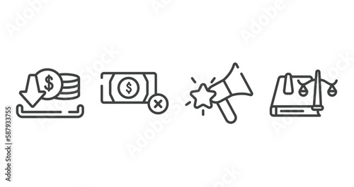 law & justice outline icons set. thin line icons sheet included earning, no money, favourites, law book vector.