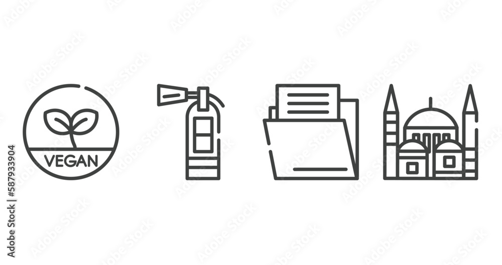 linear monuments outline icons set. thin line icons sheet included vegetarian, extinguishing, file folder, blue mosque vector. linear monuments outline icons set. thin line icons sheet included vegetarian, extinguishing, file folder, blue mosque vector.
