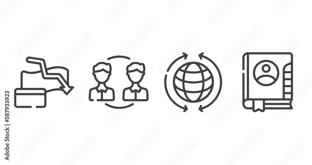 business management outline icons set. thin line icons sheet included bankrupt, peer to peer, worldwide, address book vector.