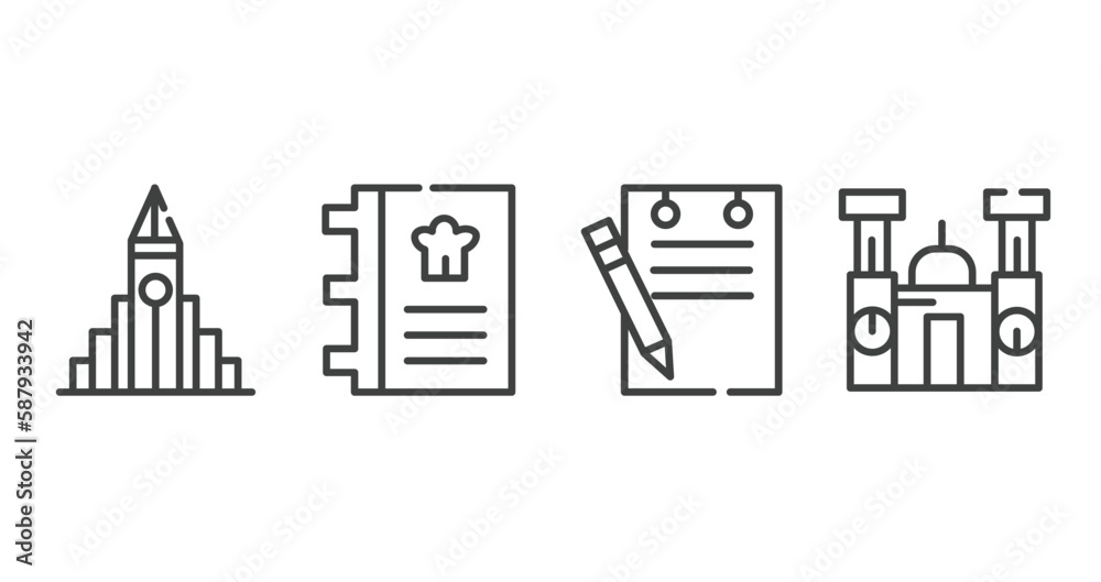 linear monuments outline icons set. thin line icons sheet included , cookbook, padnote, cathedral of morelia vector.