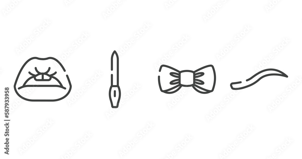 beauty and fashion outline icons set. thin line icons sheet included women lips, nail file, wedding bow tie, eyebrow vector. beauty and fashion outline icons set. thin line icons sheet included women lips, nail file, wedding bow tie, eyebrow vector.