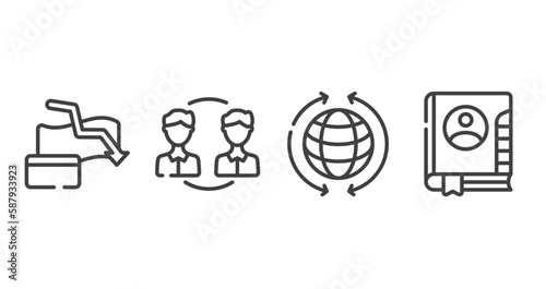 business management outline icons set. thin line icons sheet included bankrupt, peer to peer, worldwide, address book vector.