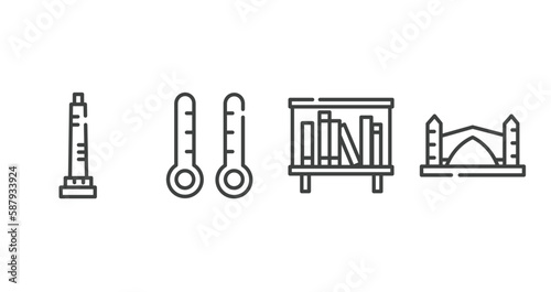 linear monuments outline icons set. thin line icons sheet included walled obelisk  thermometers  bookshelves  stari most vector.