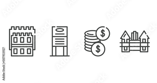 linear monuments outline icons set. thin line icons sheet included white tower of thessaloniki, daily specials board, dollar coins, holstentor vector.