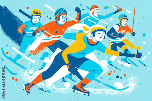 Characters engaged in various winter sports on ice, in action and colorful, highlighting the excitement of winter sports for a wide audience. Generative AI photo
