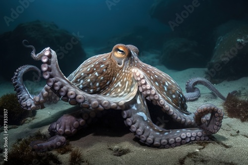 A curious and intelligent Octopus exploring the ocean floor - This Octopus is exploring the ocean floor, showing off its curious and intelligent nature.. Generative AI