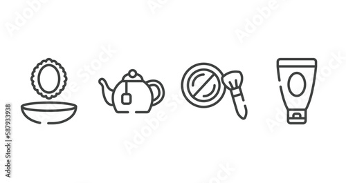 beauty outline icons set. thin line icons sheet included powder and mirror, tea pot, cheek brush, shaving cream vector.