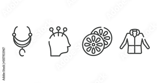 beauty and fashion outline icons set. thin line icons sheet included aztec necklace, acupuncture, citrus, parka vector.
