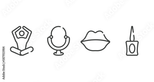 beauty outline icons set. thin line icons sheet included meditation, make up mirror, big lips, parfum bottle vector.