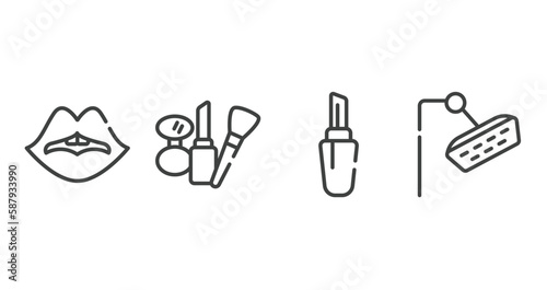 beauty salon outline icons set. thin line icons sheet included woman lips, cosmetic tools, lipstick with cover, shower head vector.