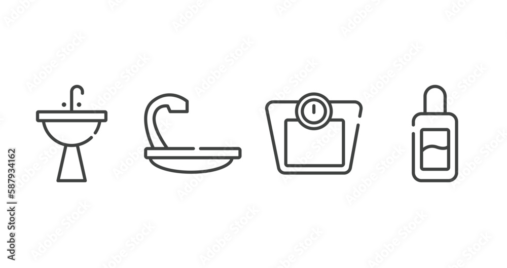beauty outline icons set. thin line icons sheet included washbowl, hair wash sink, weighing scale, makeup remover vector. beauty outline icons set. thin line icons sheet included washbowl, hair wash sink, weighing scale, makeup remover vector.
