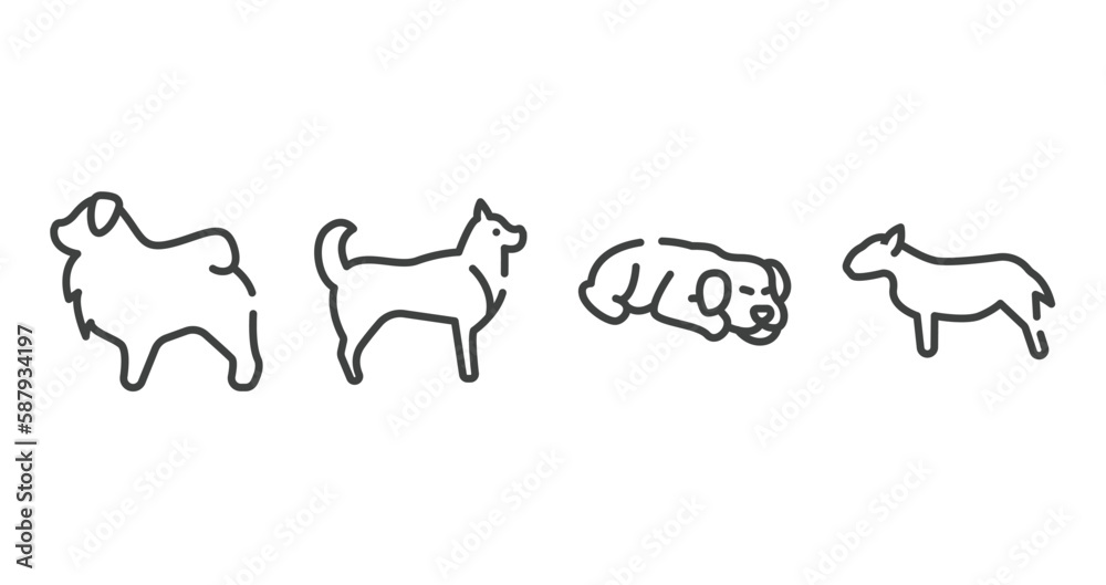 dog breeds fullbody outline icons set. thin line icons sheet included tibetan mastiff, husky, dog sleeping, bullterrier vector.