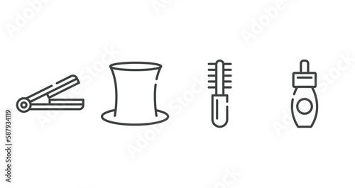 cosmetics outline icons set. thin line icons sheet included hair iron, tall hat, combs, remover vector.