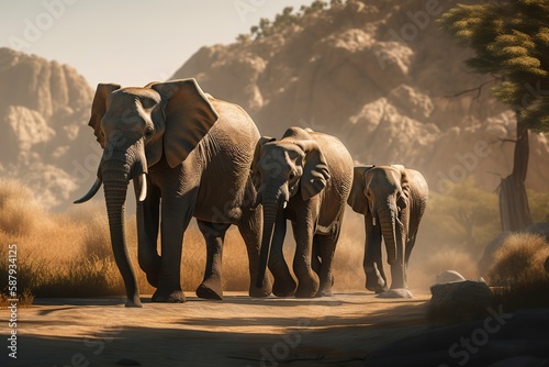 A powerful and majestic elephant family walking together Generative AI