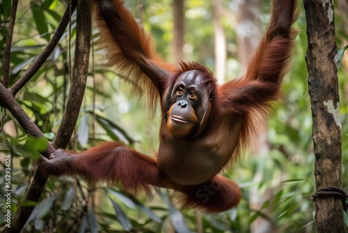 A curious and intelligent Orangutan swinging through the trees - This Orangutan is swinging through the trees, showing off its curious and intelligent nature. Generative AI © create