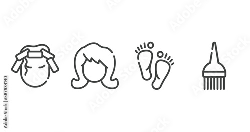 hair salon outline icons set. thin line icons sheet included curlers, woman hair, barefoot, brush tool vector.