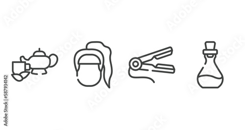 spa outline icons set. thin line icons sheet included herbal, female head with ponytail, hair straightener, essence vector.