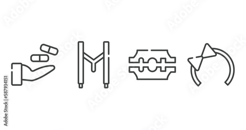 hairdressing outline icons set. thin line icons sheet included treatment, suspenders, razorblade, hair tie vector.