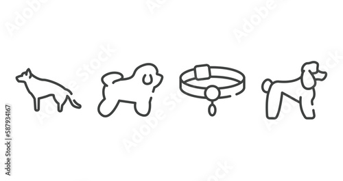 dog and training outline icons set. thin line icons sheet included german sheperd, bichon frise, pet collar, poodle vector.