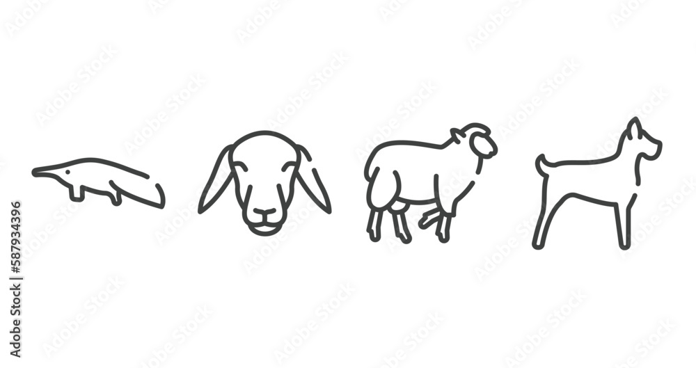 free animals outline icons set. thin line icons sheet included sitting anteater, female sheep head, black sheep, big dog vector.