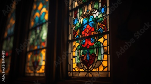 a close up of a stained glass window in a dark room with light coming through the window and a person standing in front of it.  generative ai