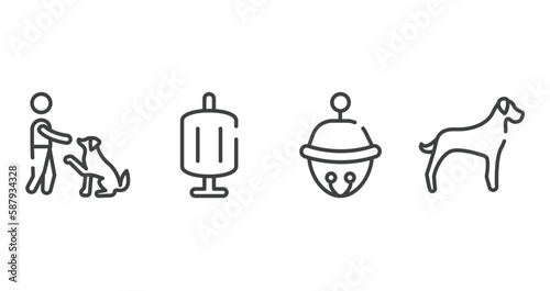 dog and training outline icons set. thin line icons sheet included man and dog, sponge filter, sleighbell, great dane vector.