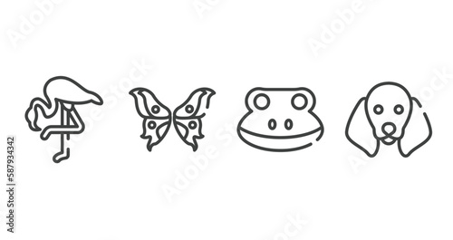 woof woof outline icons set. thin line icons sheet included flamingo with leg up, butterfly wings, frog head, dog with floppy ears vector.