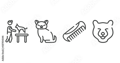 fauna outline icons set. thin line icons sheet included dog and veterinarian, cat toy, pet comb, bear head vector.
