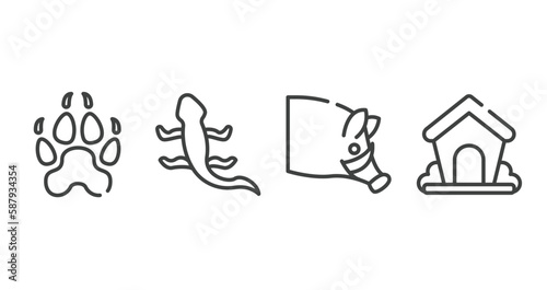 woof woof outline icons set. thin line icons sheet included canine pawprint, curved lizard, hog head, dog kennel vector.