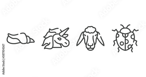 free animals outline icons set. thin line icons sheet included seashell conch, unicorn, sheep head, spots ladybug vector.