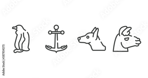 fauna outline icons set. thin line icons sheet included sitting penguin, boat anchor, doberman dog head, lama head vector.