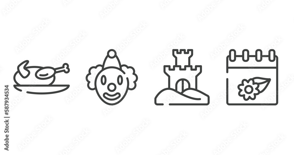 spring outline icons set. thin line icons sheet included turkey, clown, sand castle, season vector. spring outline icons set. thin line icons sheet included turkey, clown, sand castle, season vector.