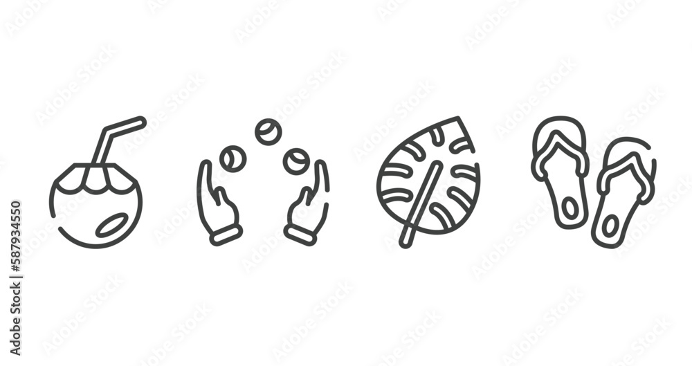 tropical outline icons set. thin line icons sheet included coconut water, juggling, monstera leaf, flip flops vector. tropical outline icons set. thin line icons sheet included coconut water, juggling, monstera leaf, flip flops vector.