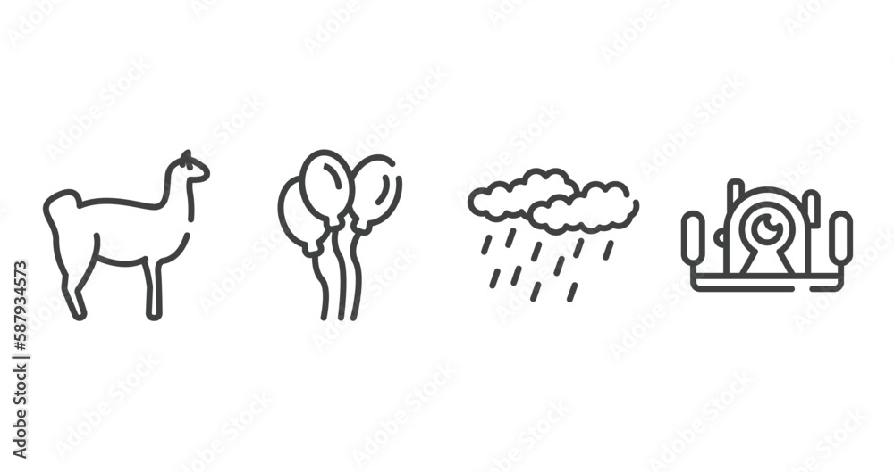 diving outline icons set. thin line icons sheet included llama, balloons, precipitation, underwater photography vector.